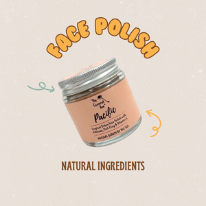 Jar of face polish with 'Face Polish' text and 'Natural Ingredients' text on a beige background